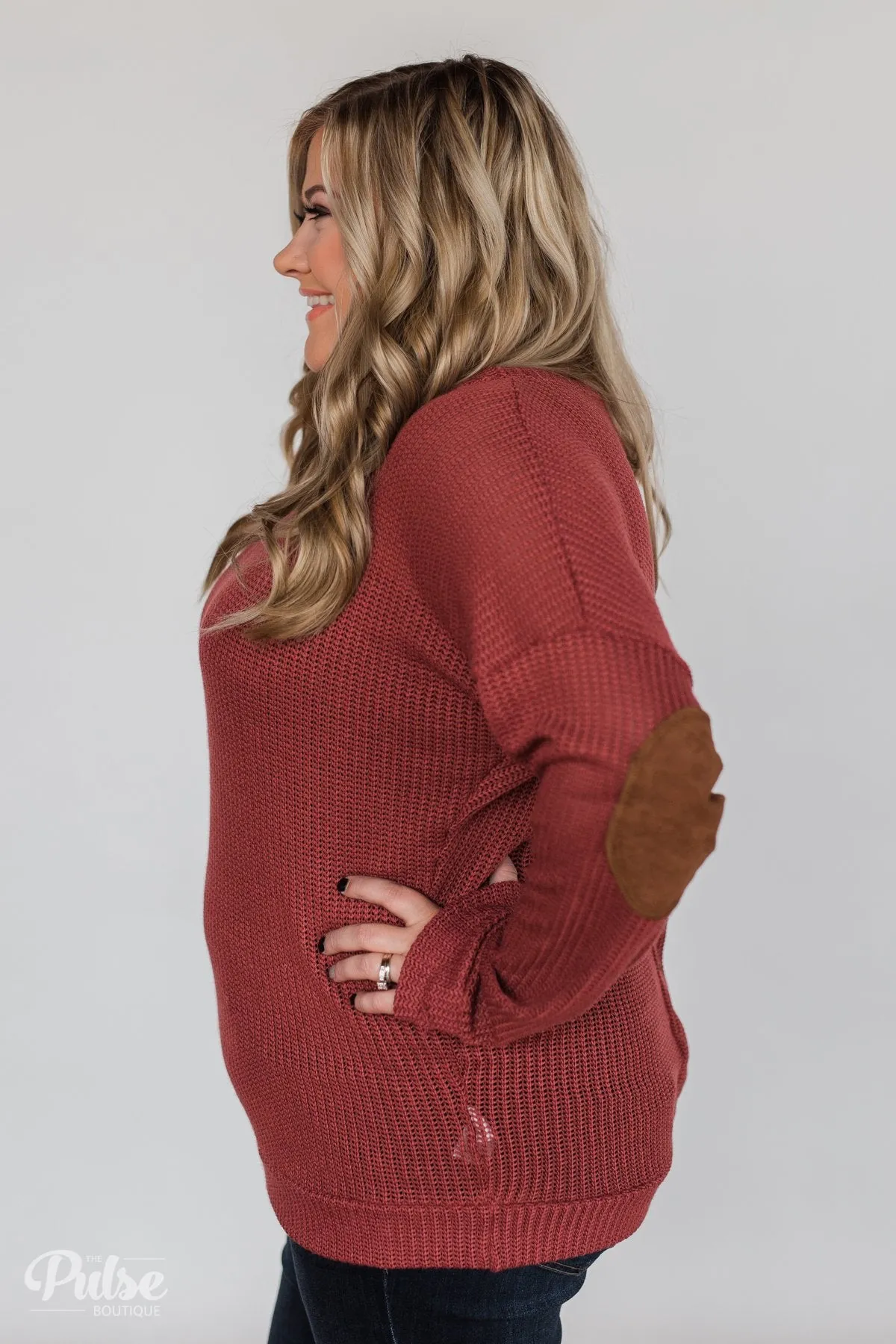 Button Down Back Elbow Patch Sweater- Brick