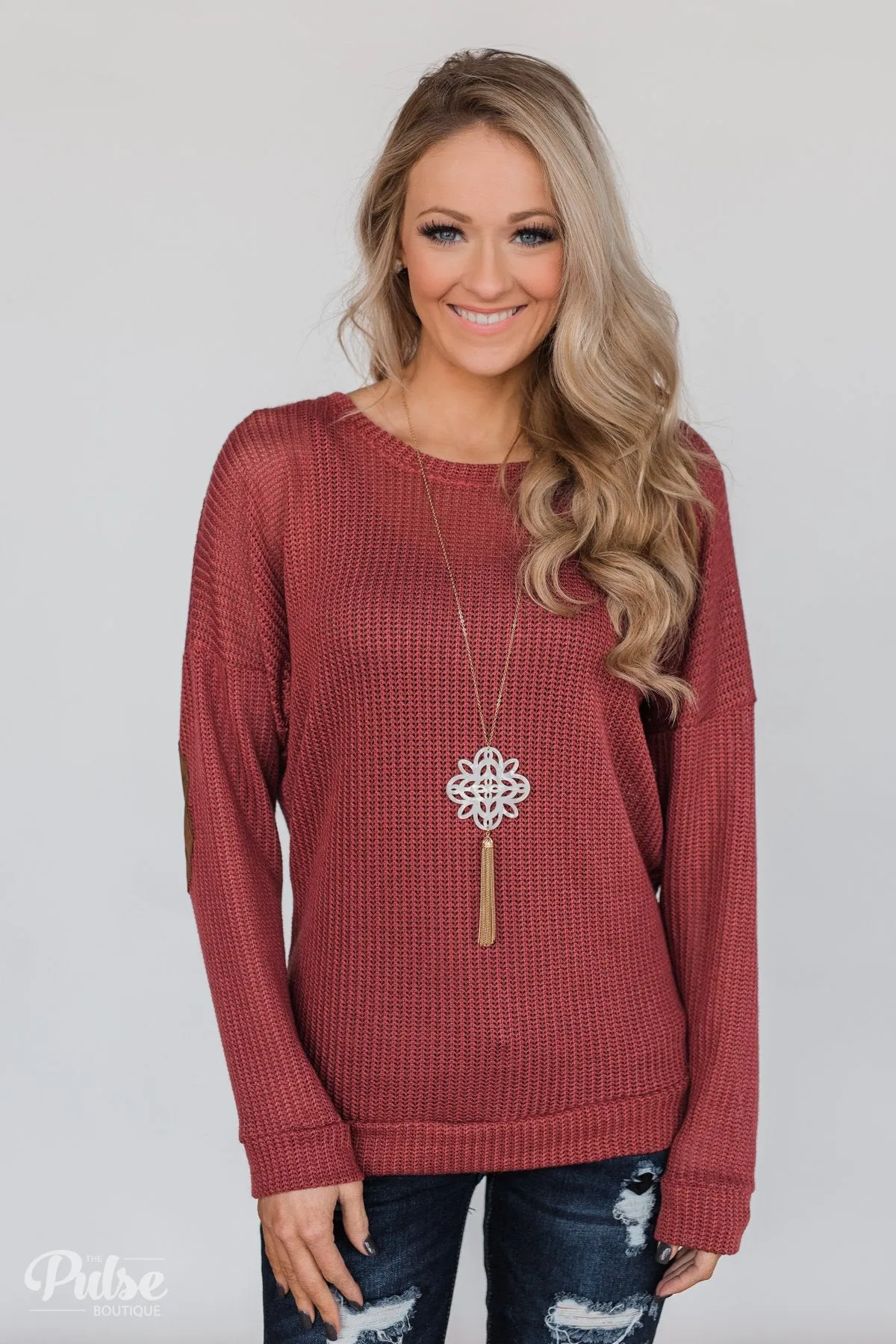 Button Down Back Elbow Patch Sweater- Brick
