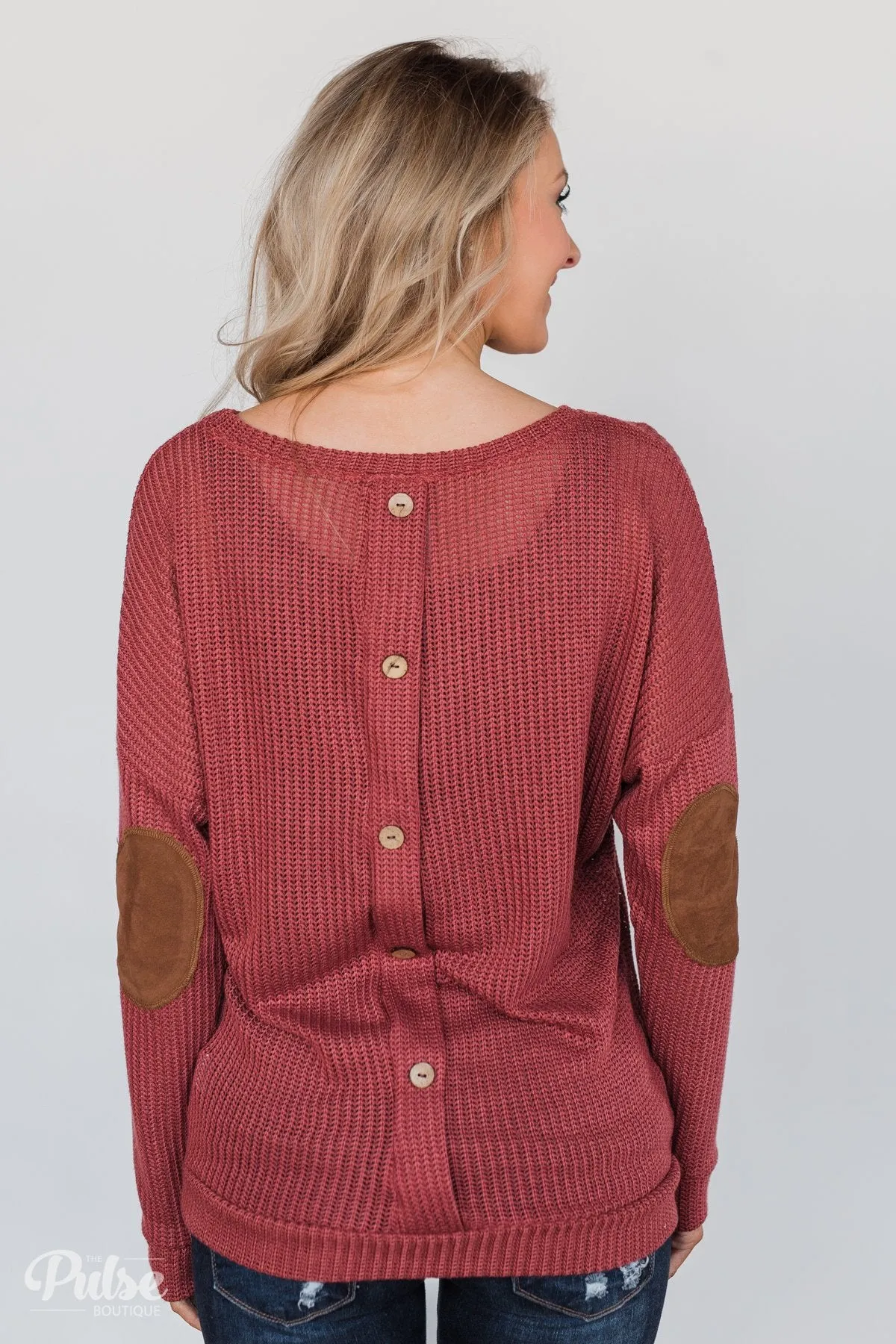 Button Down Back Elbow Patch Sweater- Brick