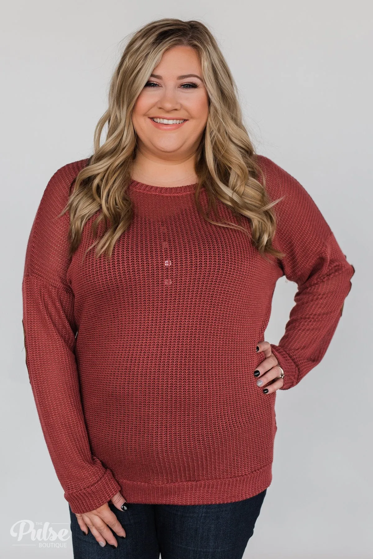 Button Down Back Elbow Patch Sweater- Brick