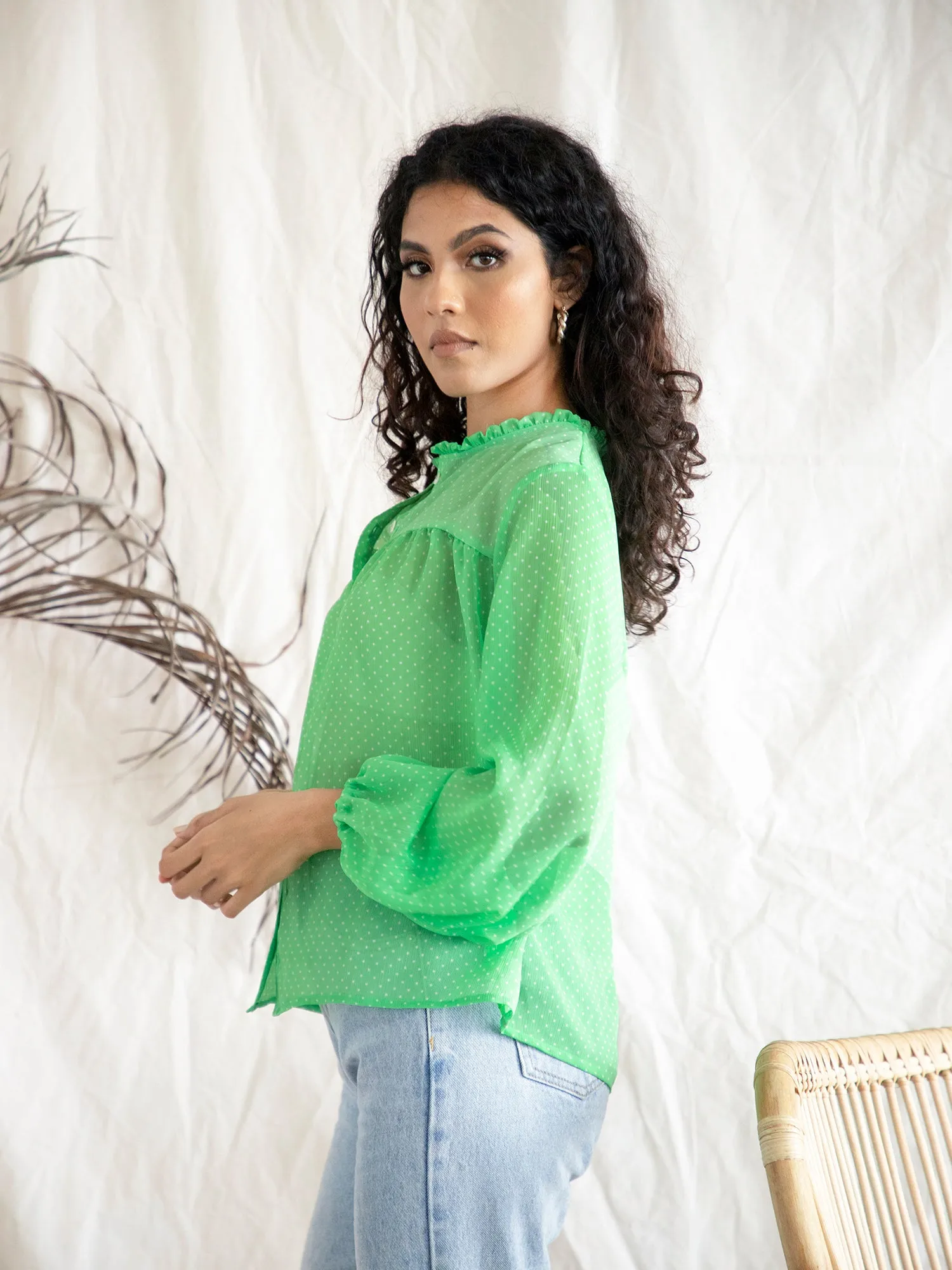 Button Down Ballon Sleeve Top