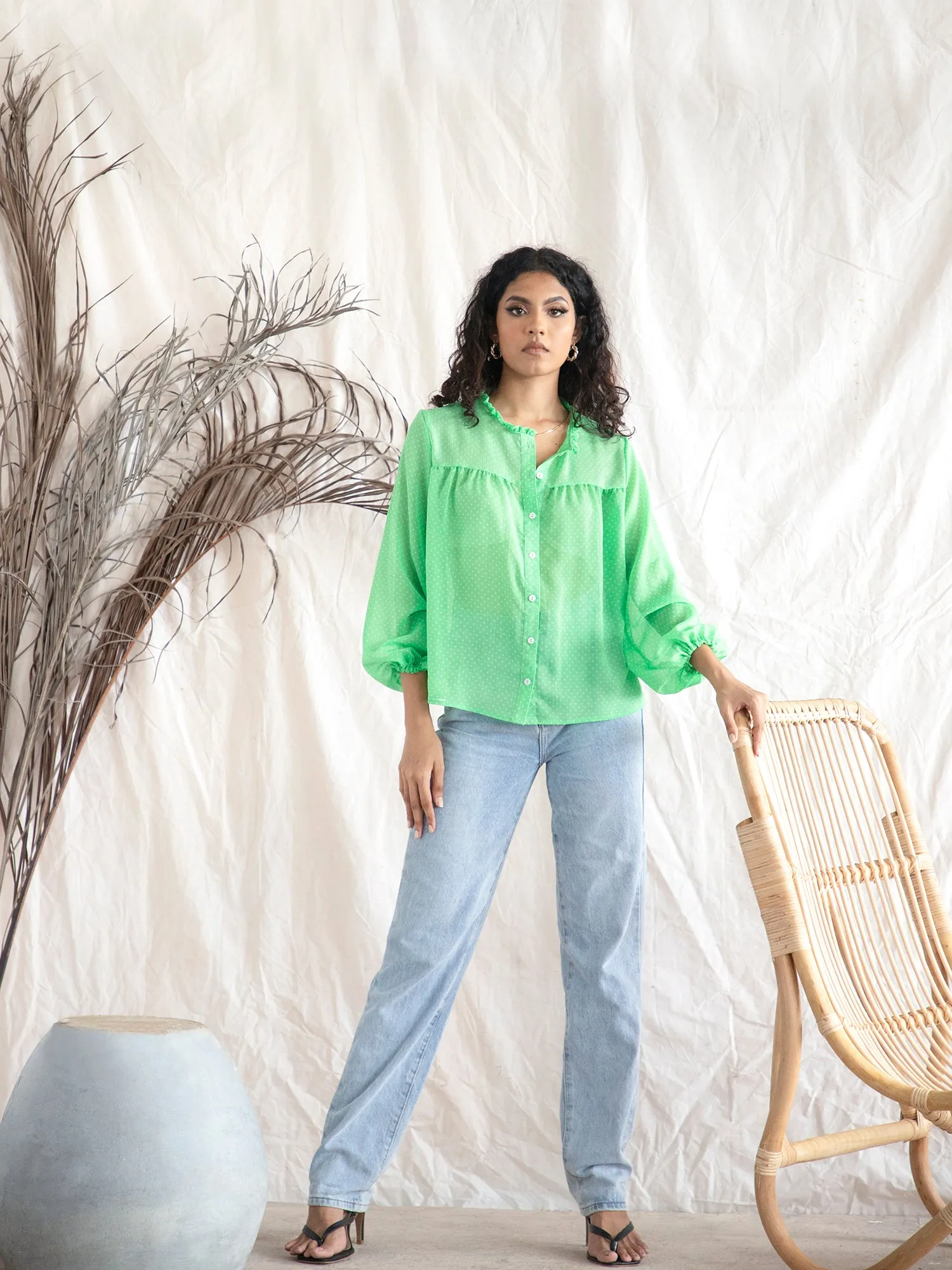 Button Down Ballon Sleeve Top