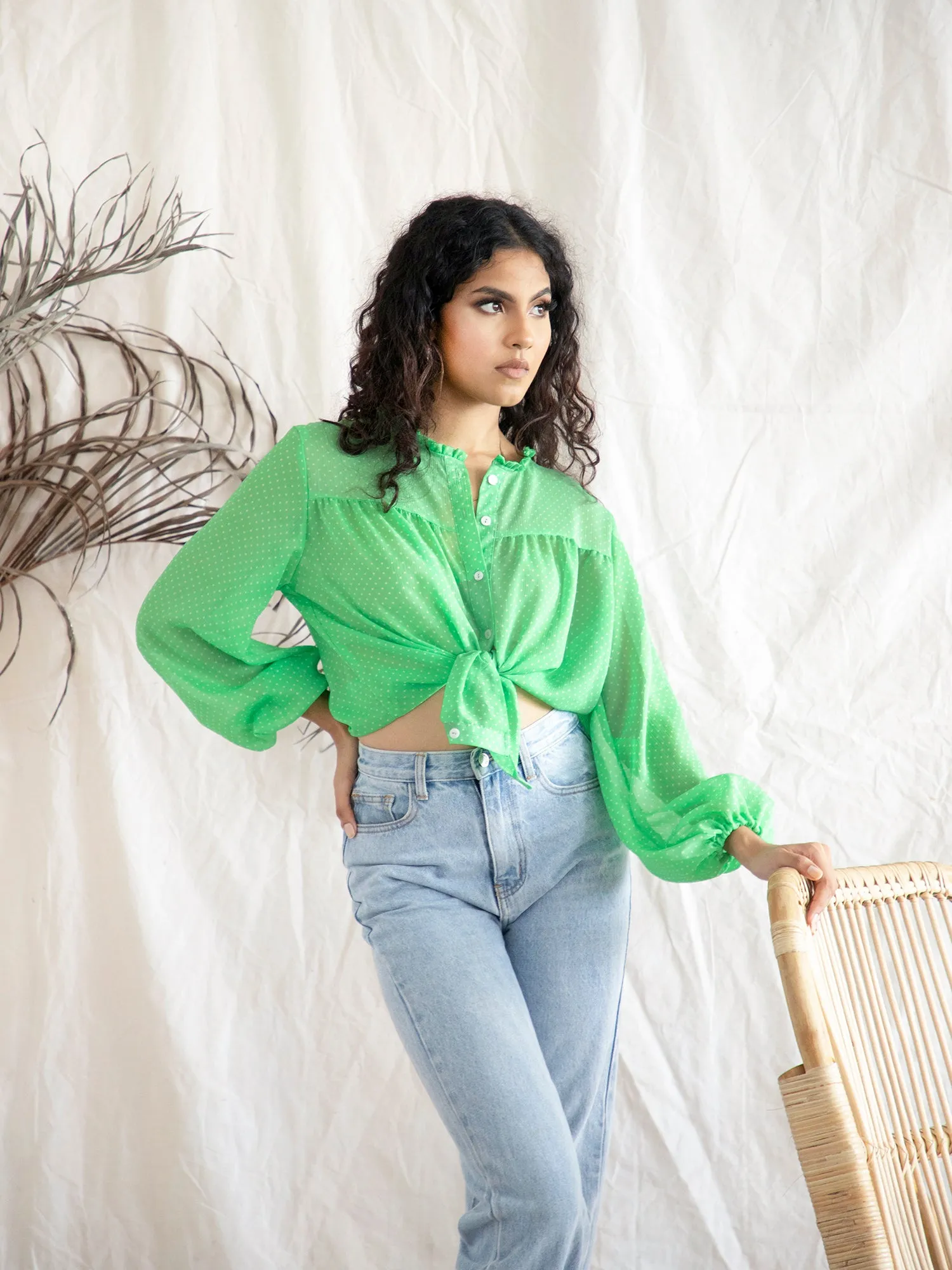 Button Down Ballon Sleeve Top