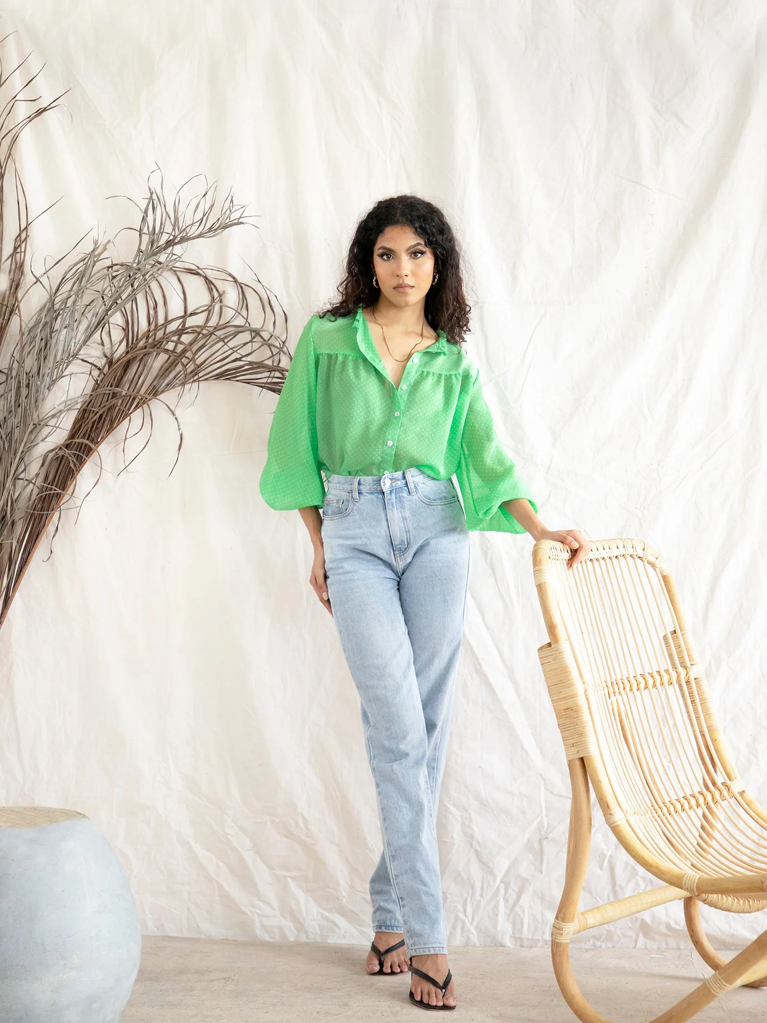 Button Down Ballon Sleeve Top