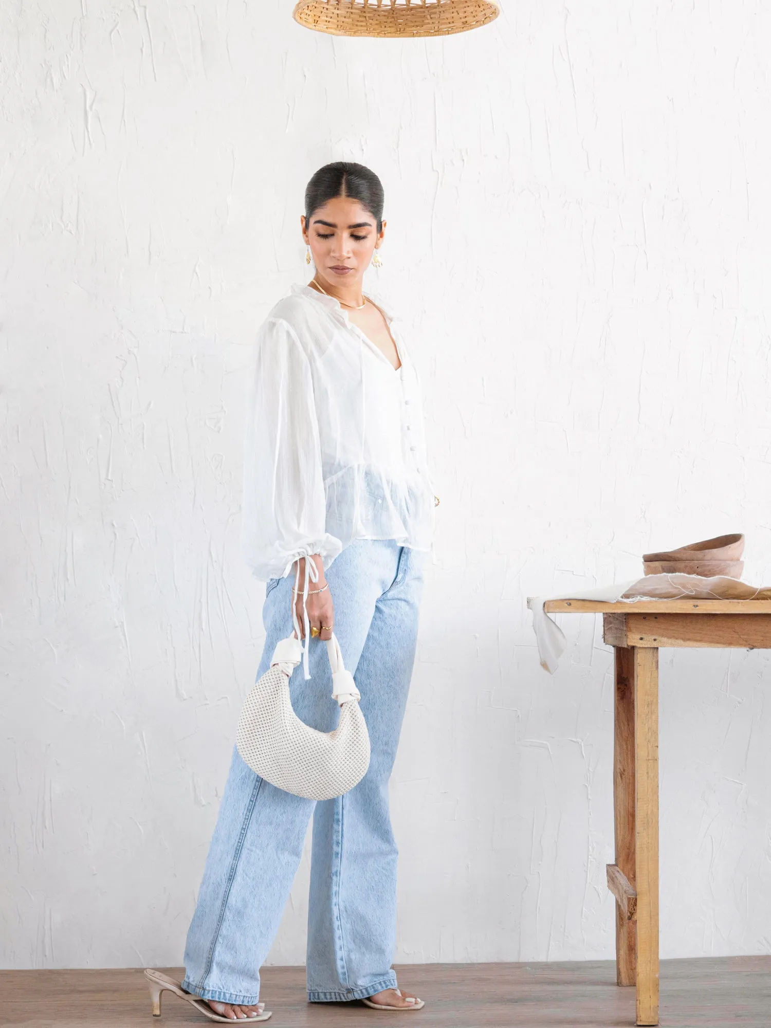 Button Down Balloon Sleeved Top