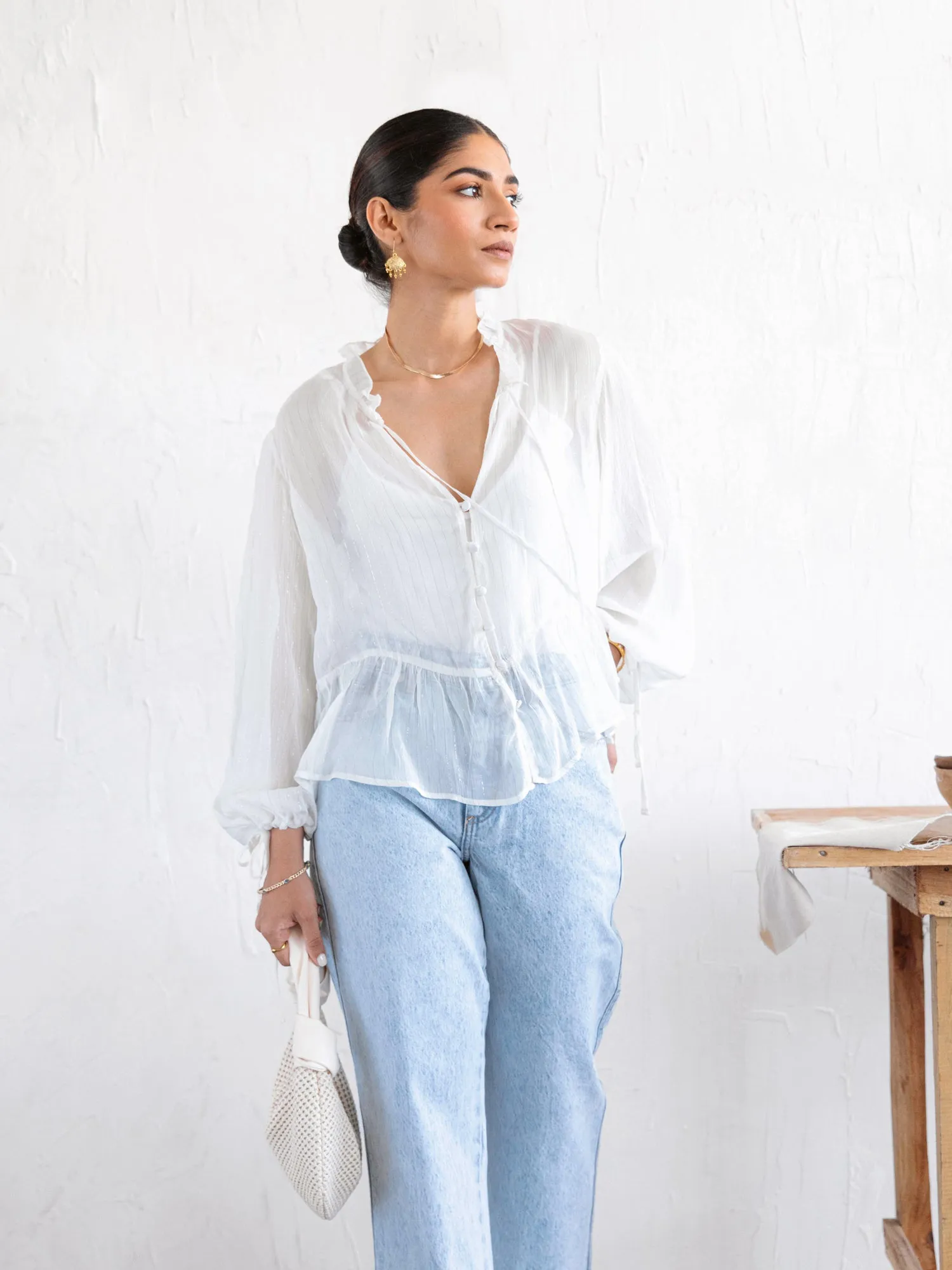 Button Down Balloon Sleeved Top
