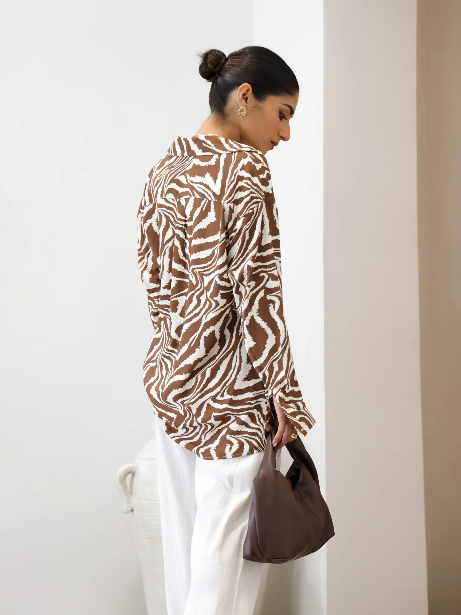 Button Down Zebra Printed Long Sleeved Top