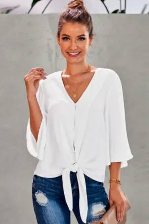 Button Front Tie-Up Blouse White
