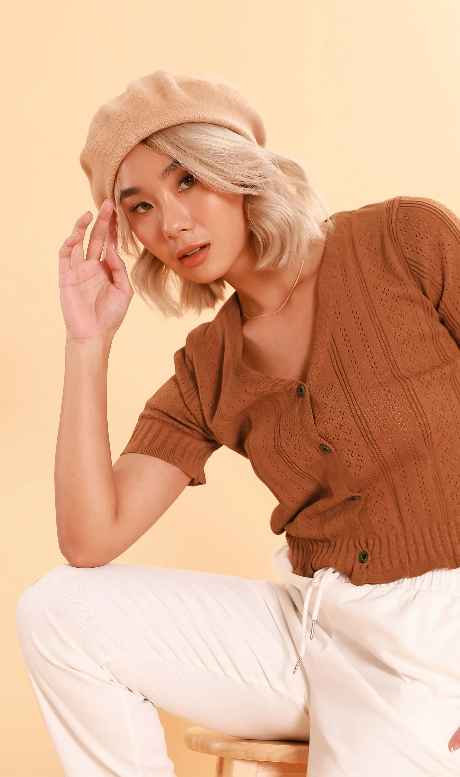 CAMILLE Button-Down Eyelet Cardi (Mocha)