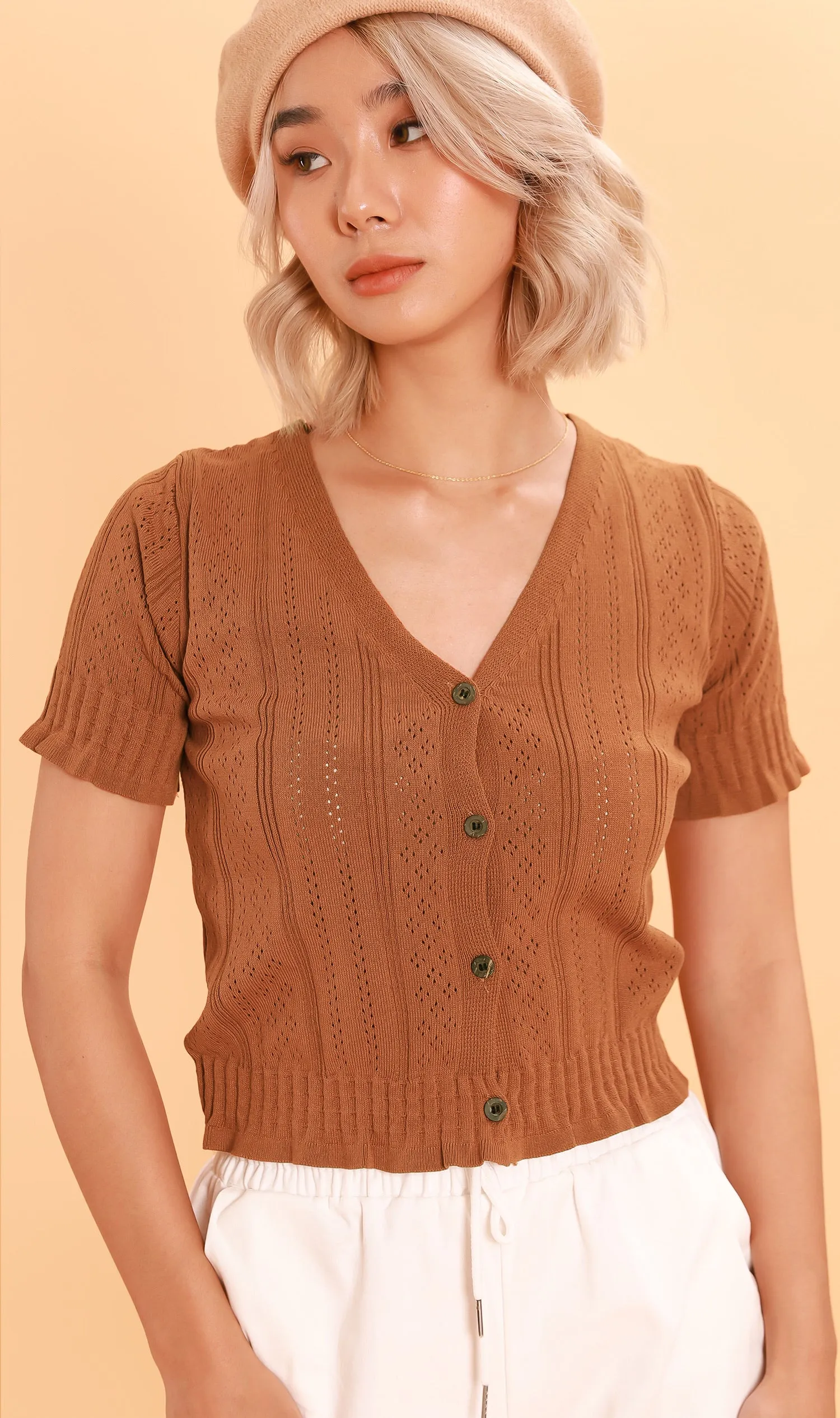 CAMILLE Button-Down Eyelet Cardi (Mocha)