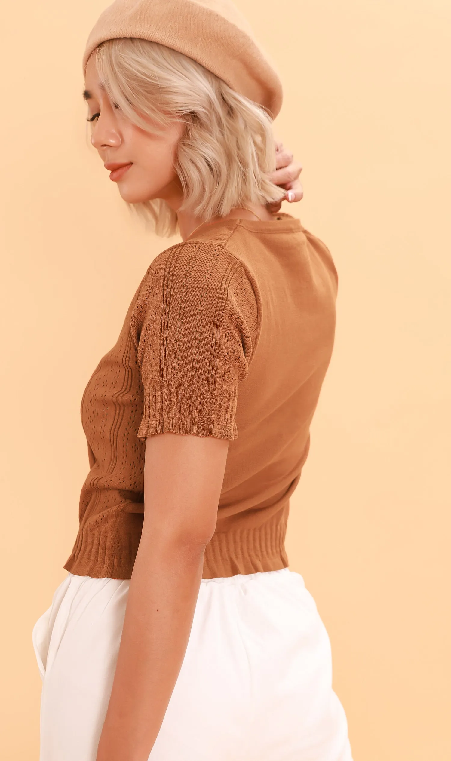 CAMILLE Button-Down Eyelet Cardi (Mocha)