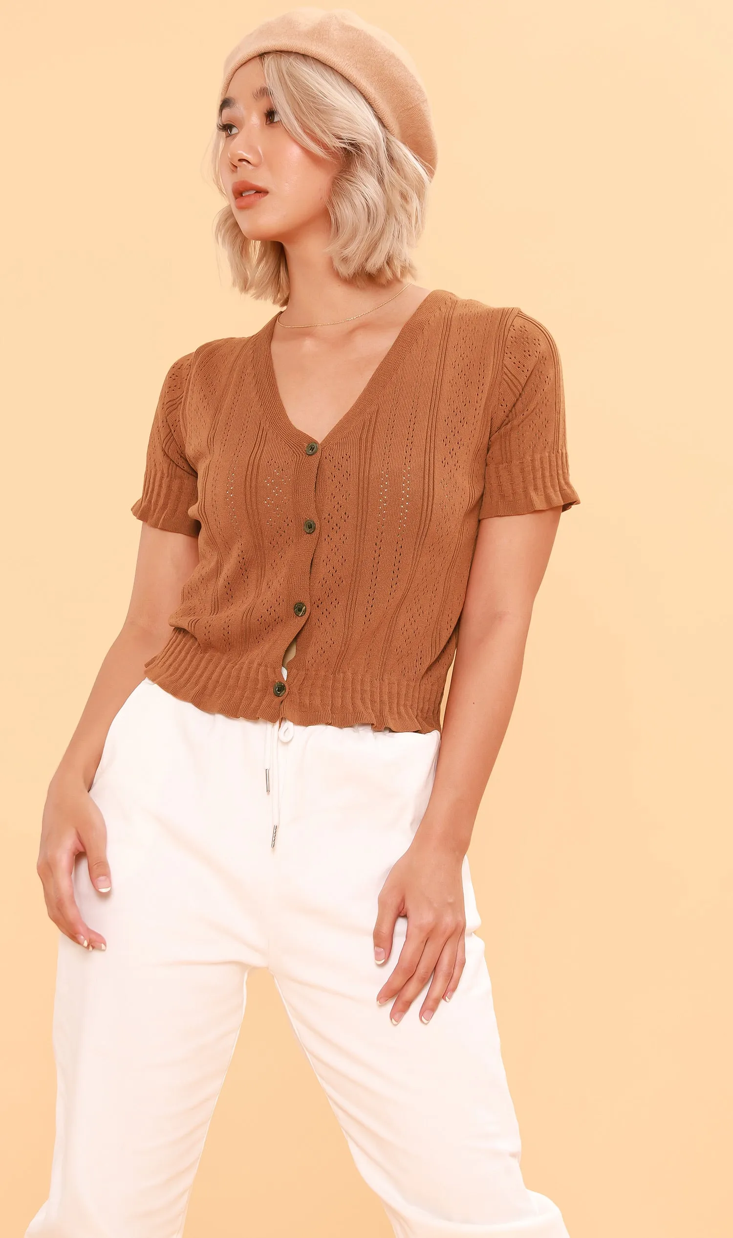 CAMILLE Button-Down Eyelet Cardi (Mocha)