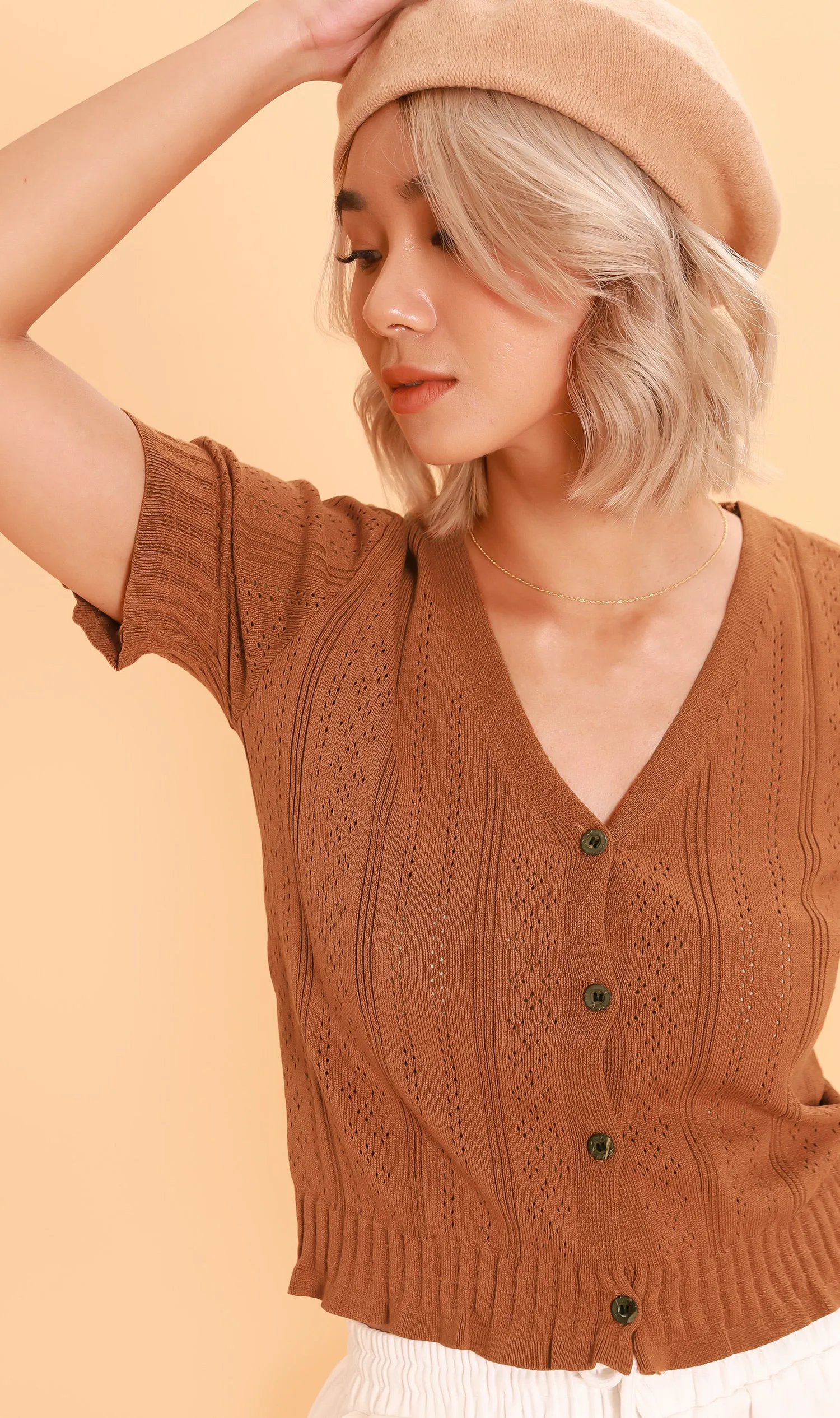 CAMILLE Button-Down Eyelet Cardi (Mocha)