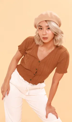 CAMILLE Button-Down Eyelet Cardi (Mocha)