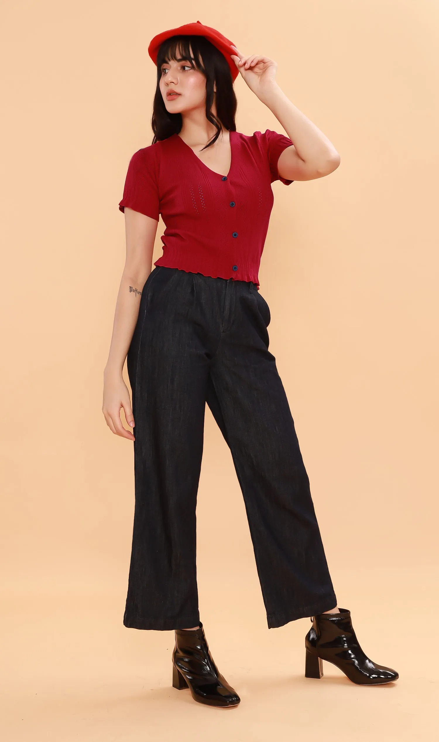 CAMILLE Button-Down Eyelet Cardi (Red)