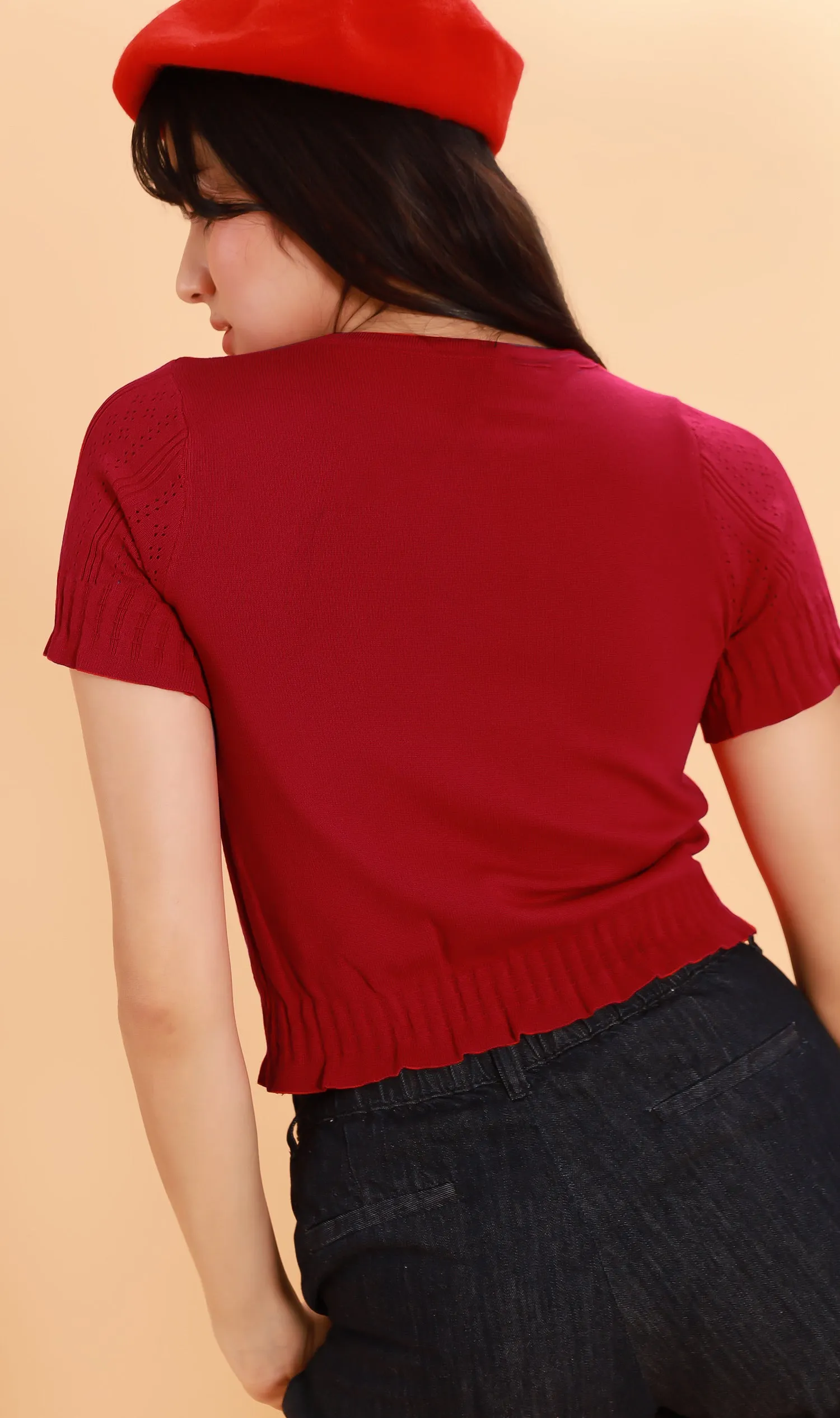 CAMILLE Button-Down Eyelet Cardi (Red)