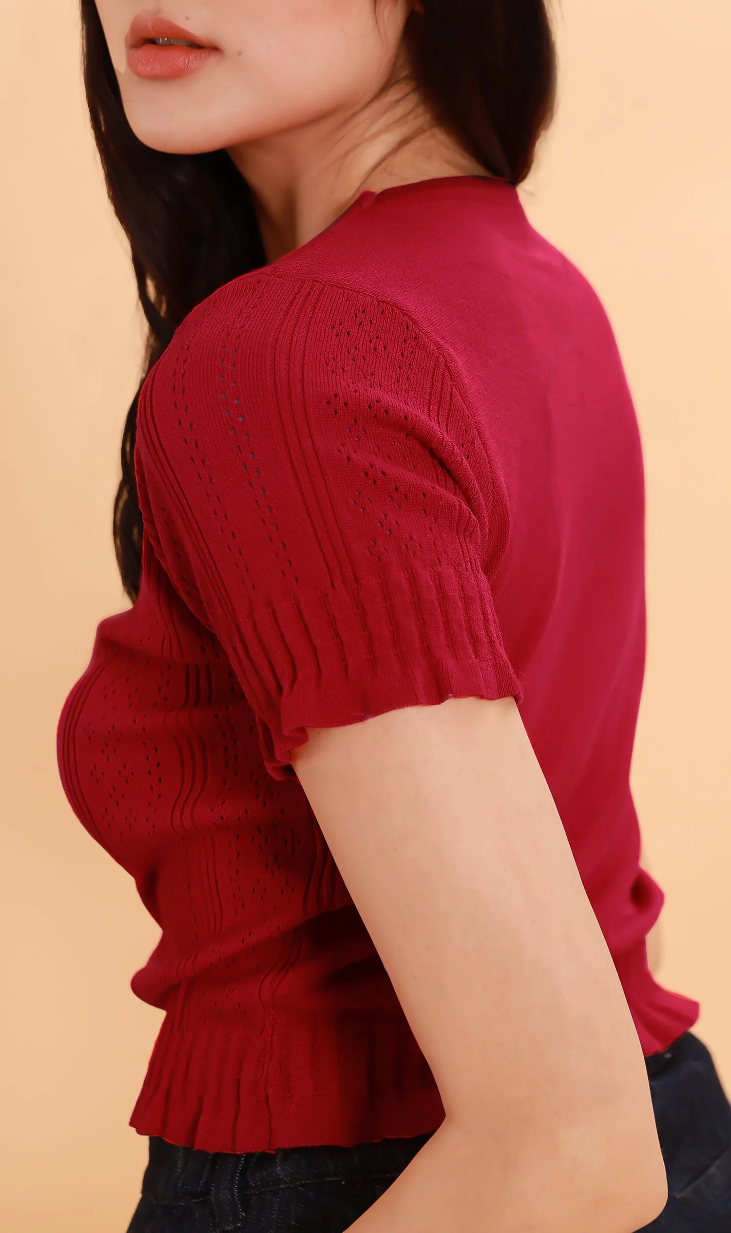 CAMILLE Button-Down Eyelet Cardi (Red)