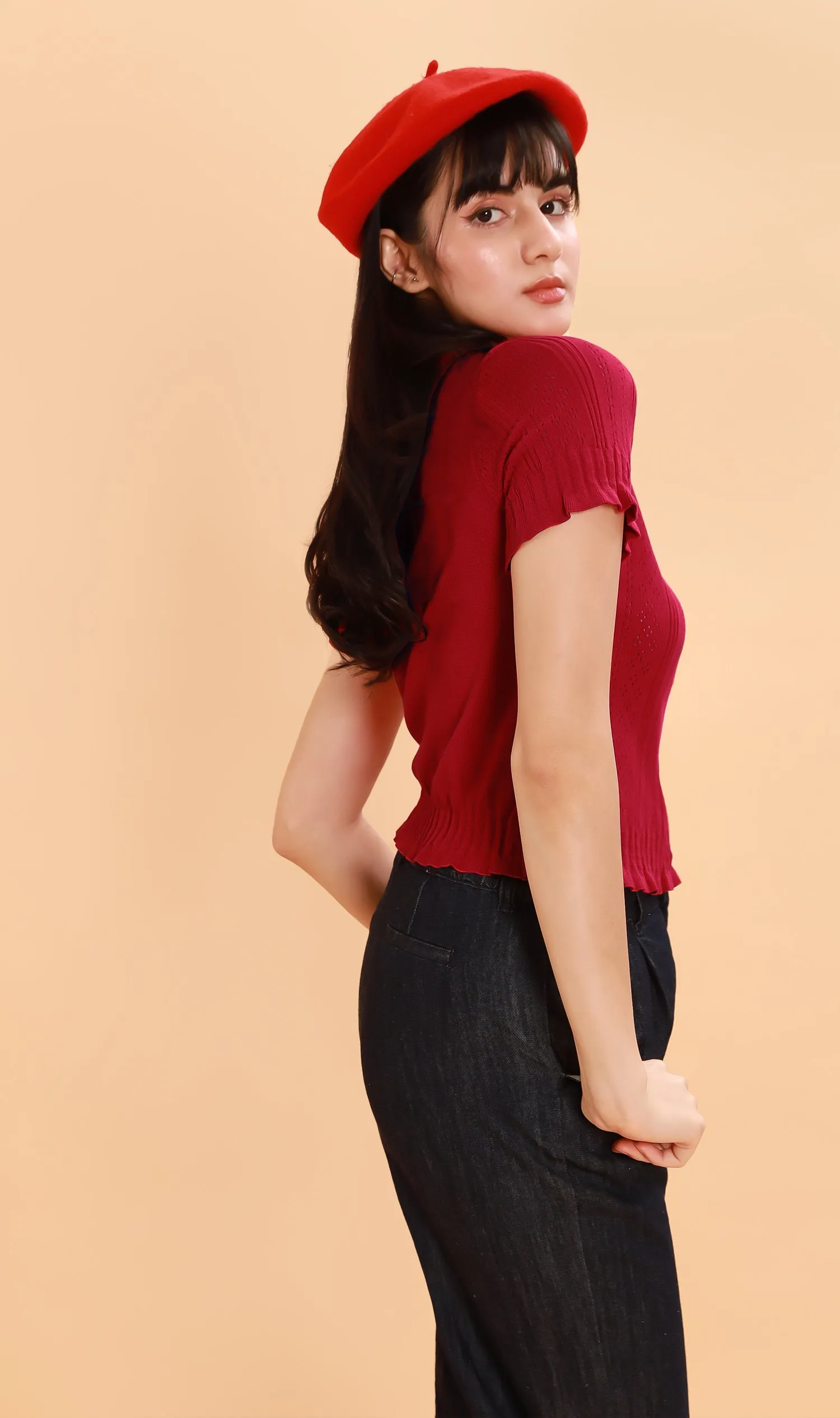 CAMILLE Button-Down Eyelet Cardi (Red)