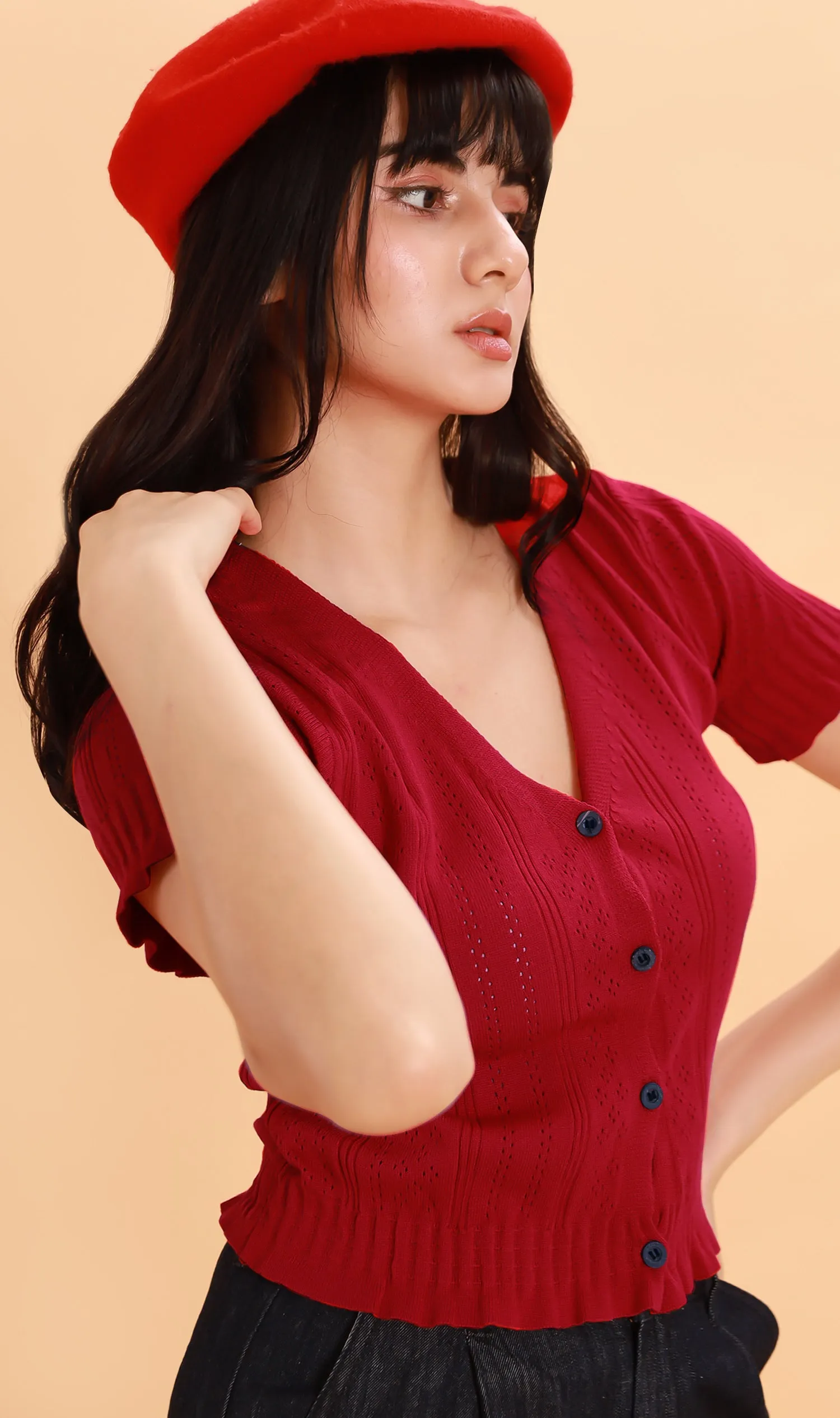 CAMILLE Button-Down Eyelet Cardi (Red)