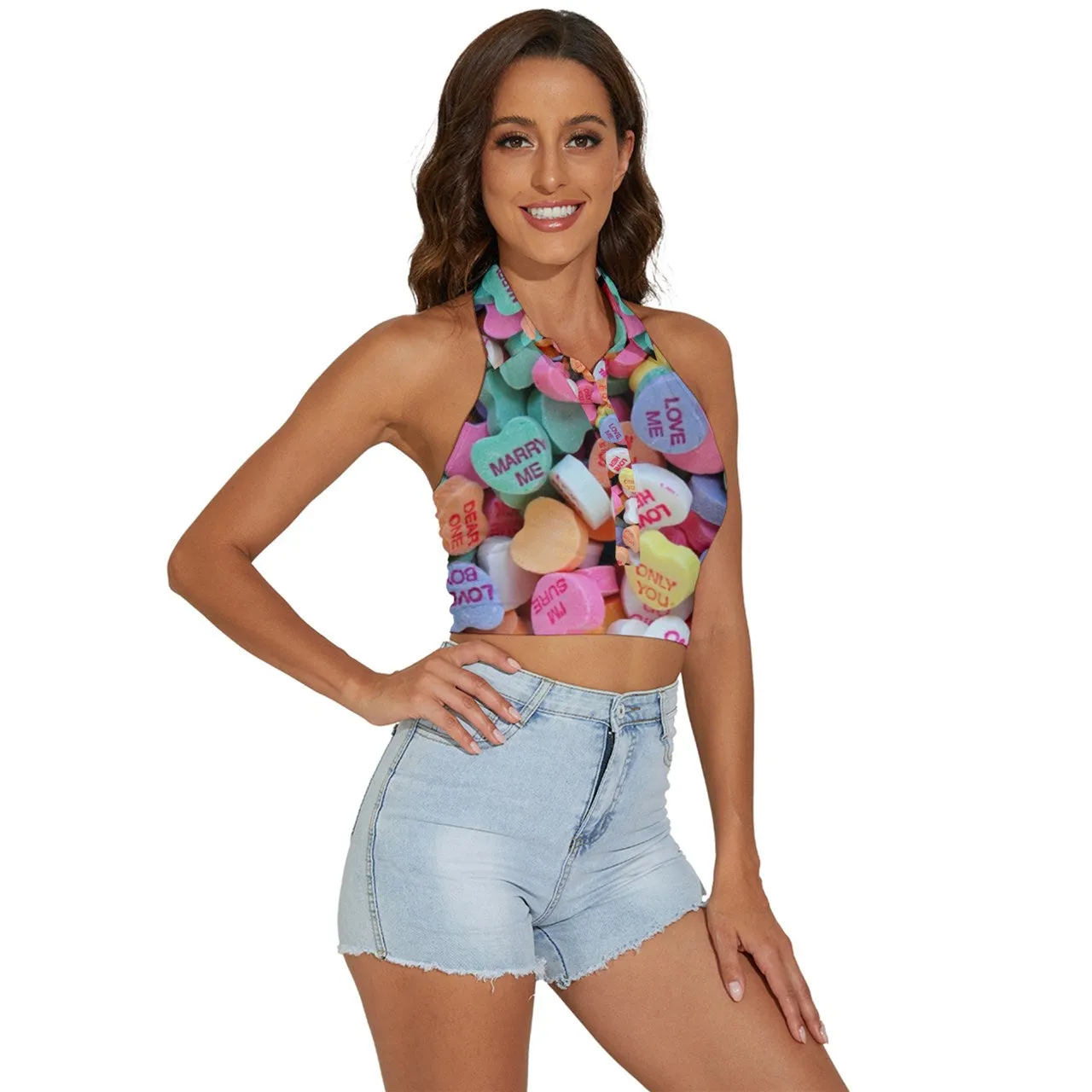 Candy Hearts Backless Halter Cami Shirt
