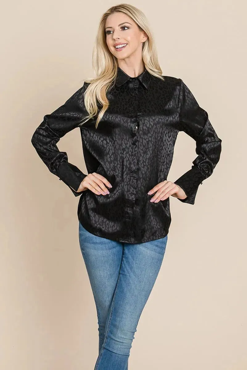 Casual Animal Print Satin Button up Shirts Blouse