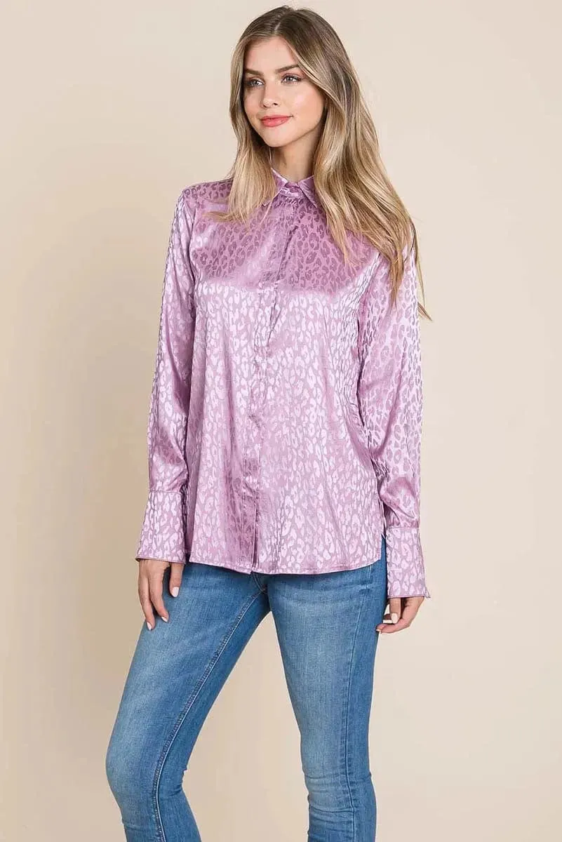 Casual Animal Print Satin Button up Shirts Blouse