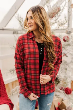 Catching Snowflakes Button Plaid Top- Red