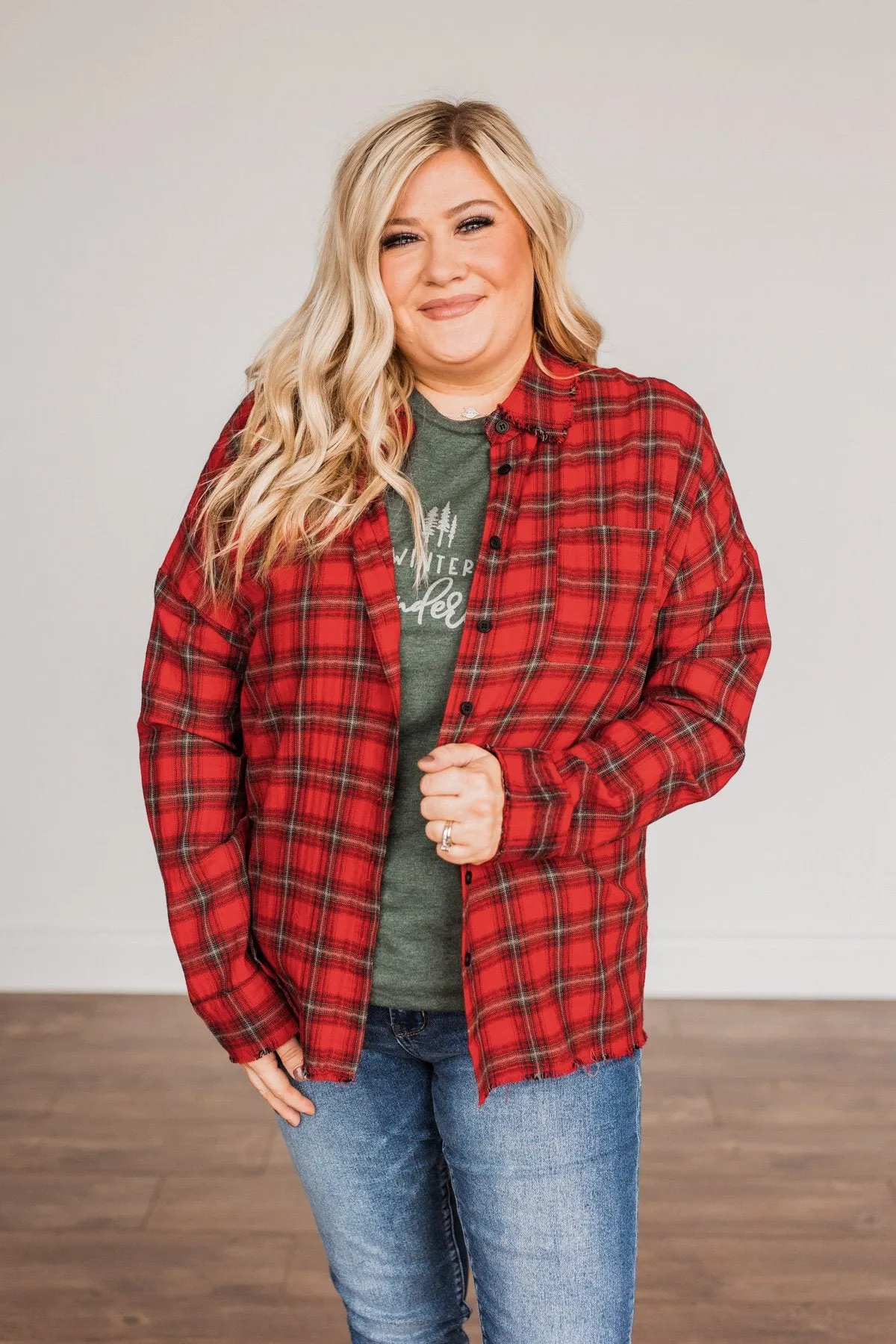 Catching Snowflakes Button Plaid Top- Red
