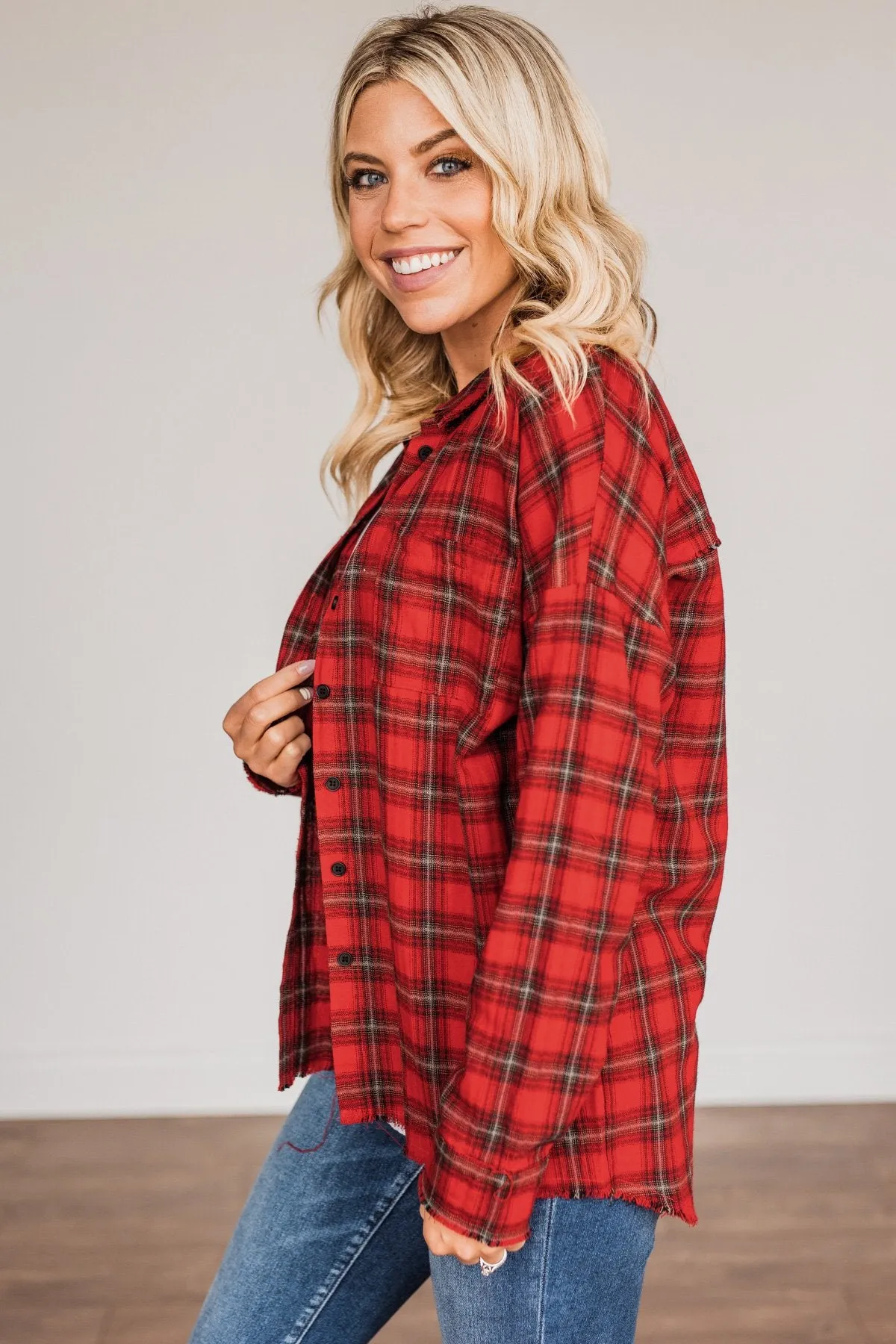 Catching Snowflakes Button Plaid Top- Red