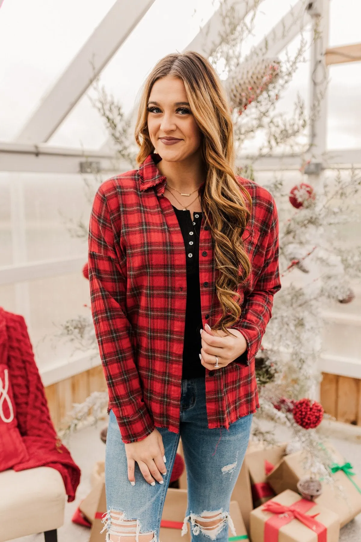 Catching Snowflakes Button Plaid Top- Red