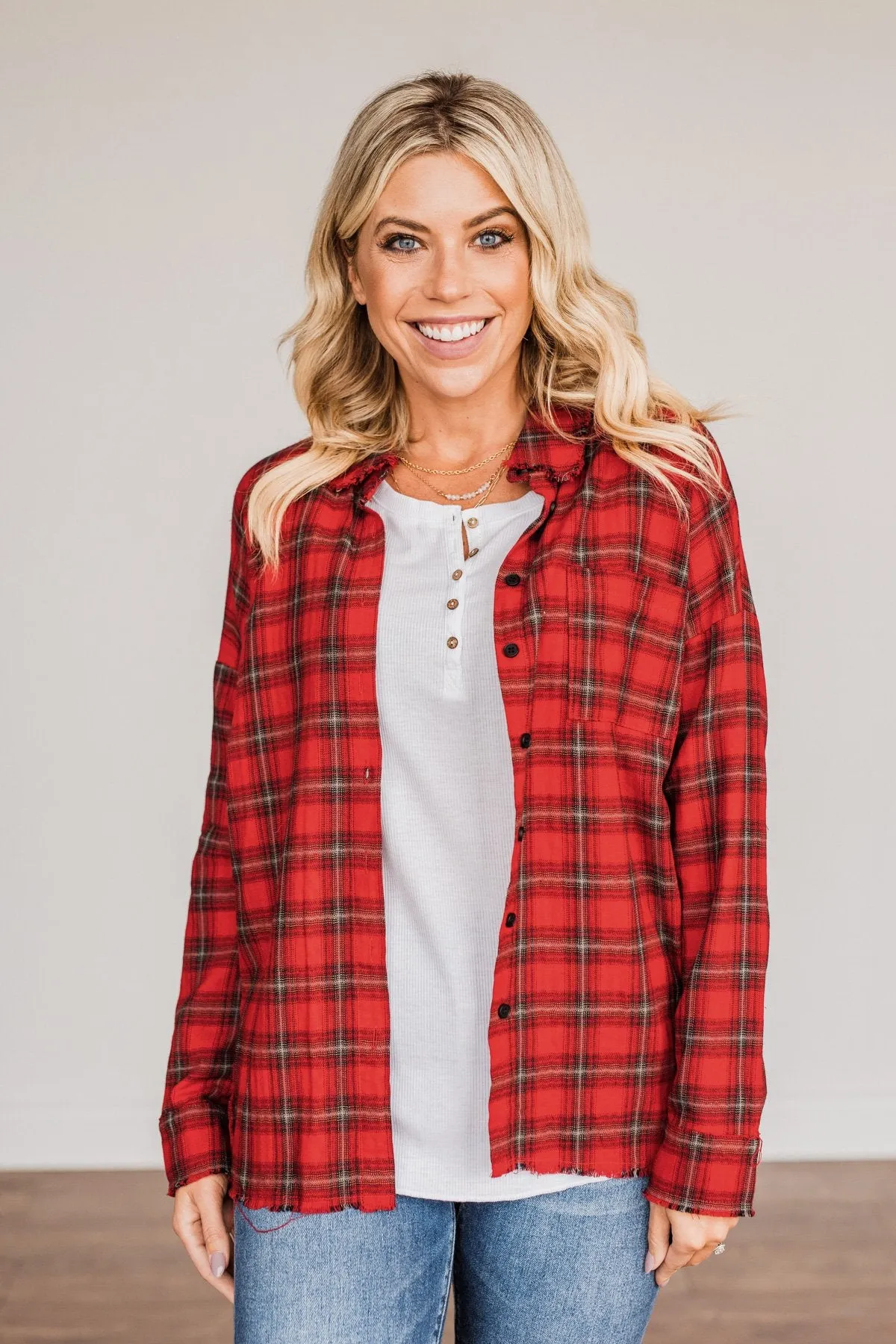 Catching Snowflakes Button Plaid Top- Red