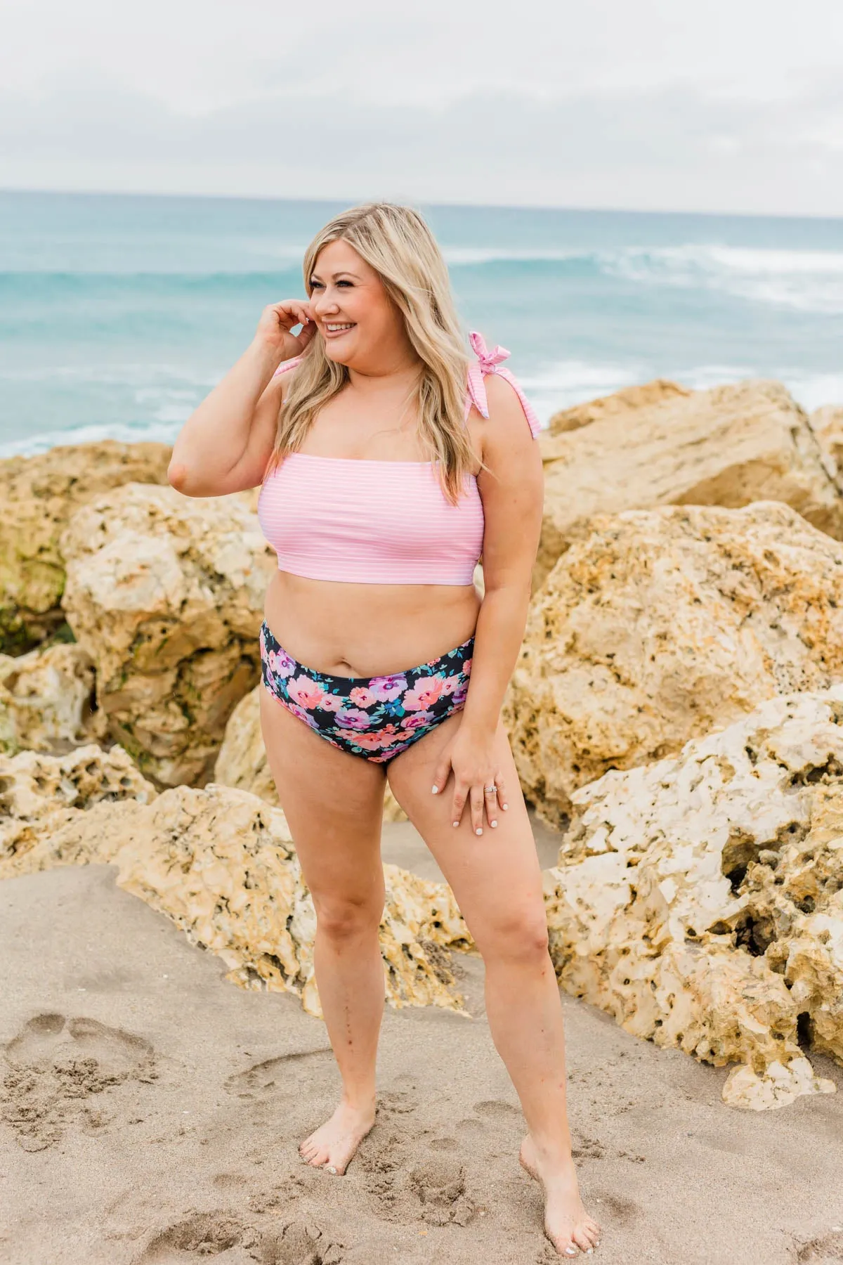 Chasing The Sun Striped Bandeau Swim Top- Pink