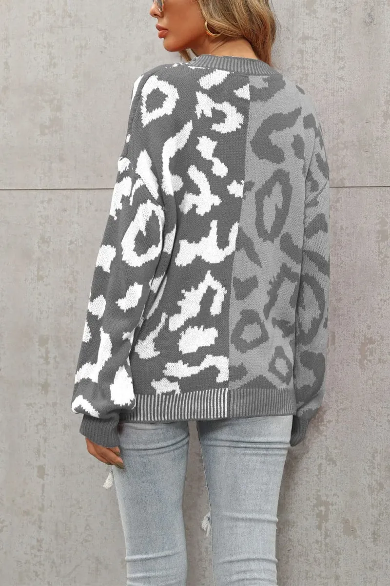 Chouyatou Women's Color Block Leopard Print Button Down Long Sleeve Cardigan Sweaters