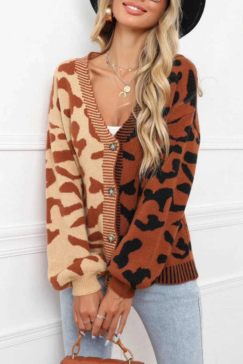 Chouyatou Women's Color Block Leopard Print Button Down Long Sleeve Cardigan Sweaters