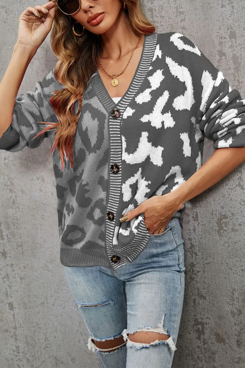 Chouyatou Women's Color Block Leopard Print Button Down Long Sleeve Cardigan Sweaters