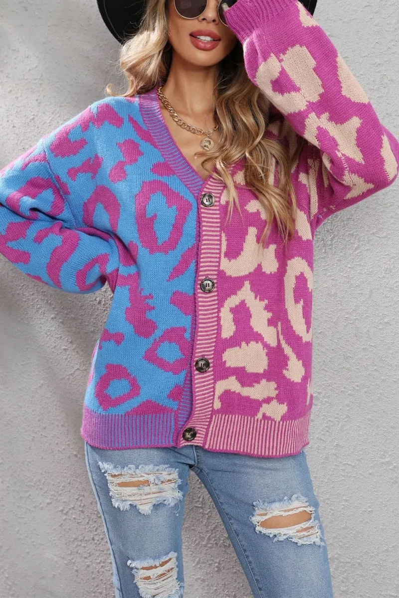 Chouyatou Women's Color Block Leopard Print Button Down Long Sleeve Cardigan Sweaters