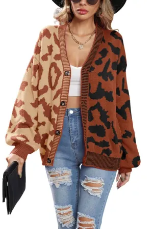 Chouyatou Women's Color Block Leopard Print Button Down Long Sleeve Cardigan Sweaters