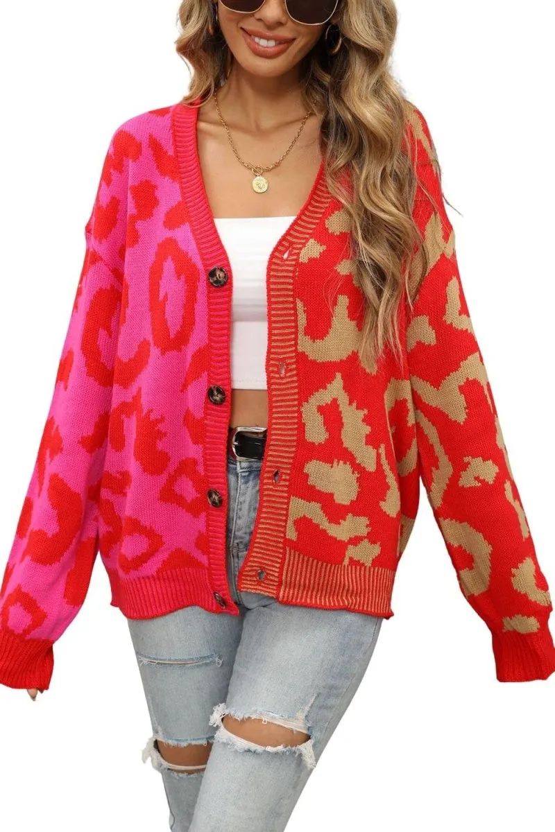 Chouyatou Women's Color Block Leopard Print Button Down Long Sleeve Cardigan Sweaters