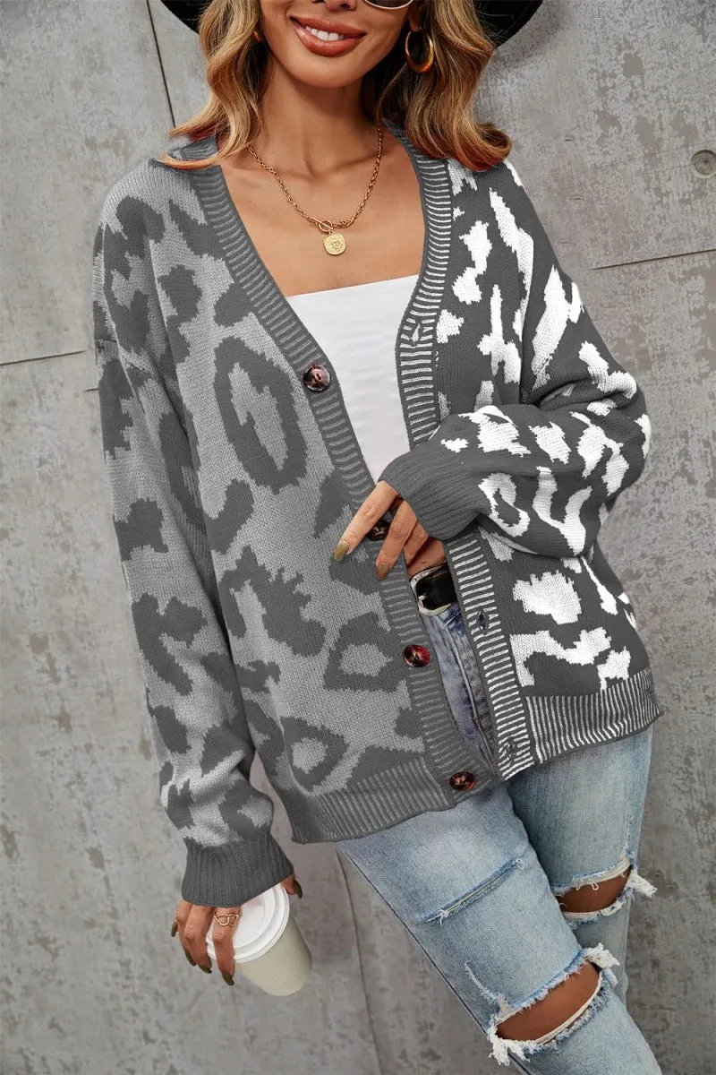 Chouyatou Women's Color Block Leopard Print Button Down Long Sleeve Cardigan Sweaters