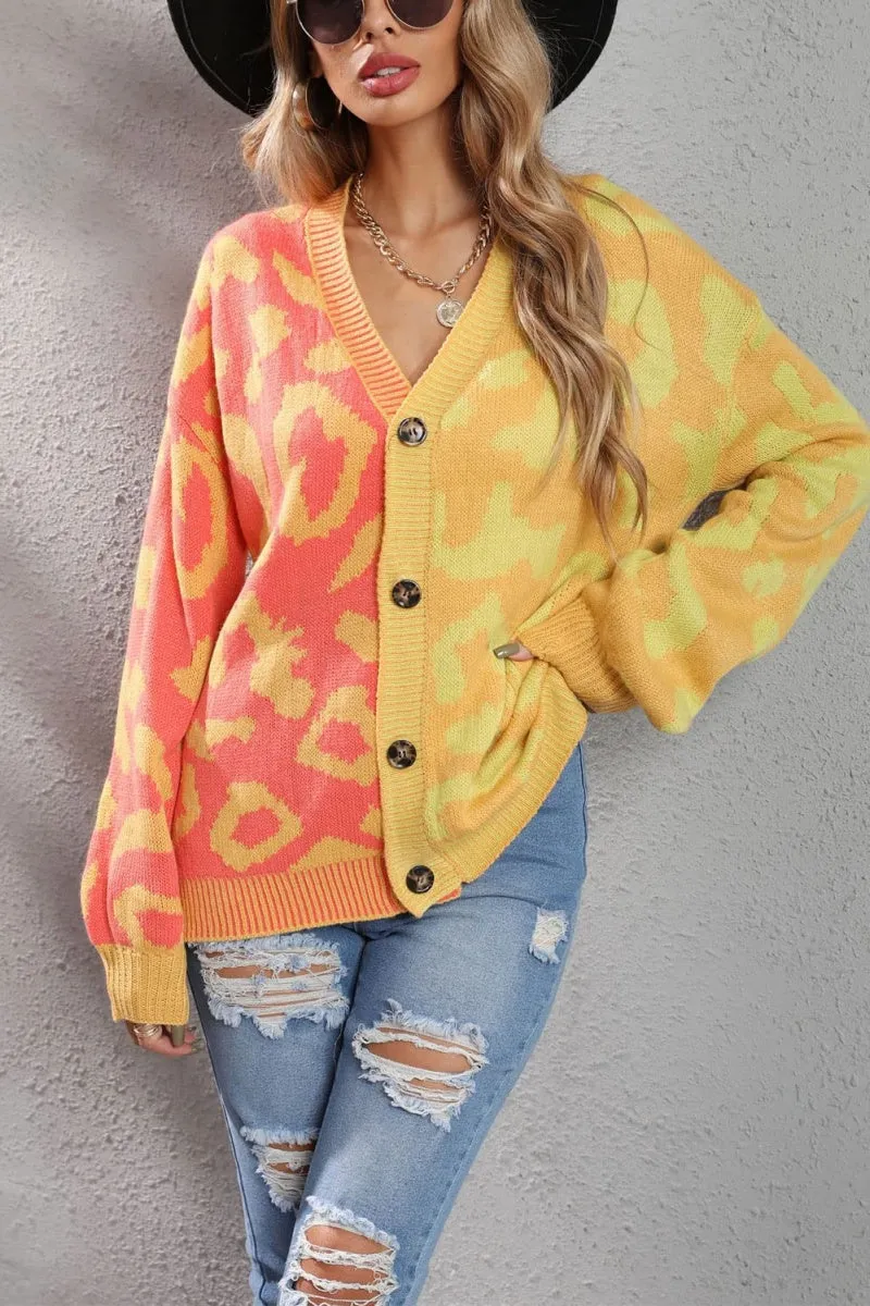 Chouyatou Women's Color Block Leopard Print Button Down Long Sleeve Cardigan Sweaters