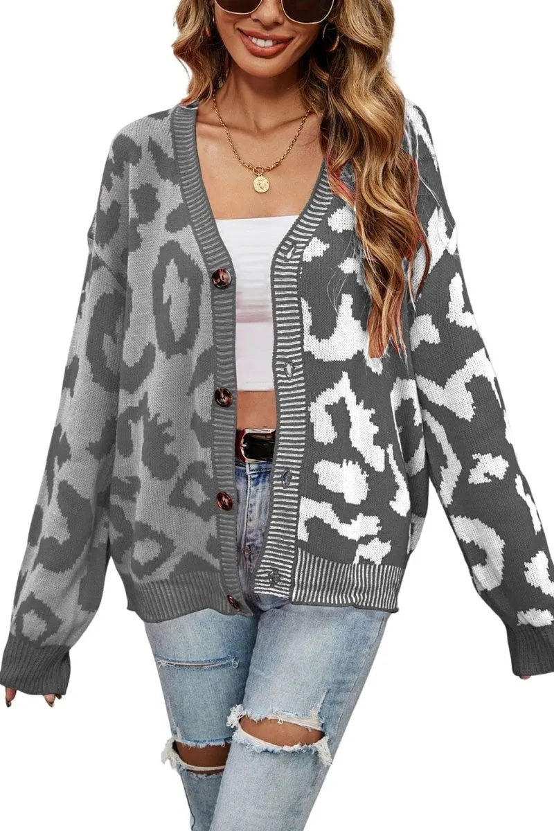 Chouyatou Women's Color Block Leopard Print Button Down Long Sleeve Cardigan Sweaters