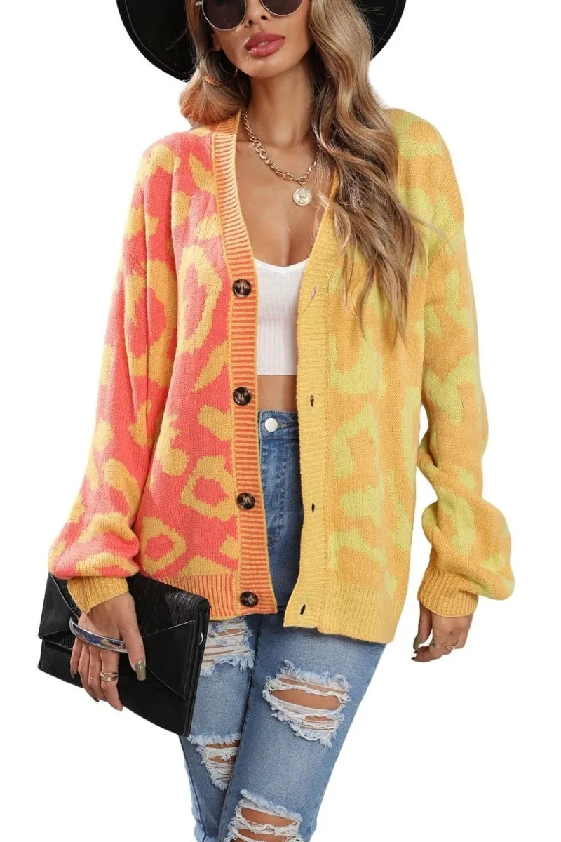 Chouyatou Women's Color Block Leopard Print Button Down Long Sleeve Cardigan Sweaters