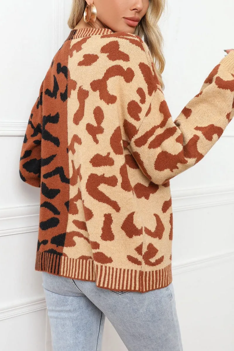 Chouyatou Women's Color Block Leopard Print Button Down Long Sleeve Cardigan Sweaters