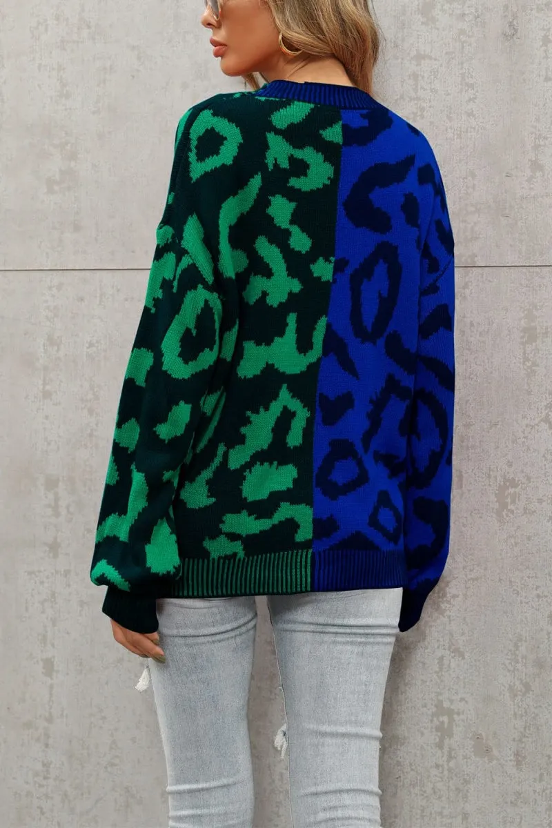 Chouyatou Women's Color Block Leopard Print Button Down Long Sleeve Cardigan Sweaters