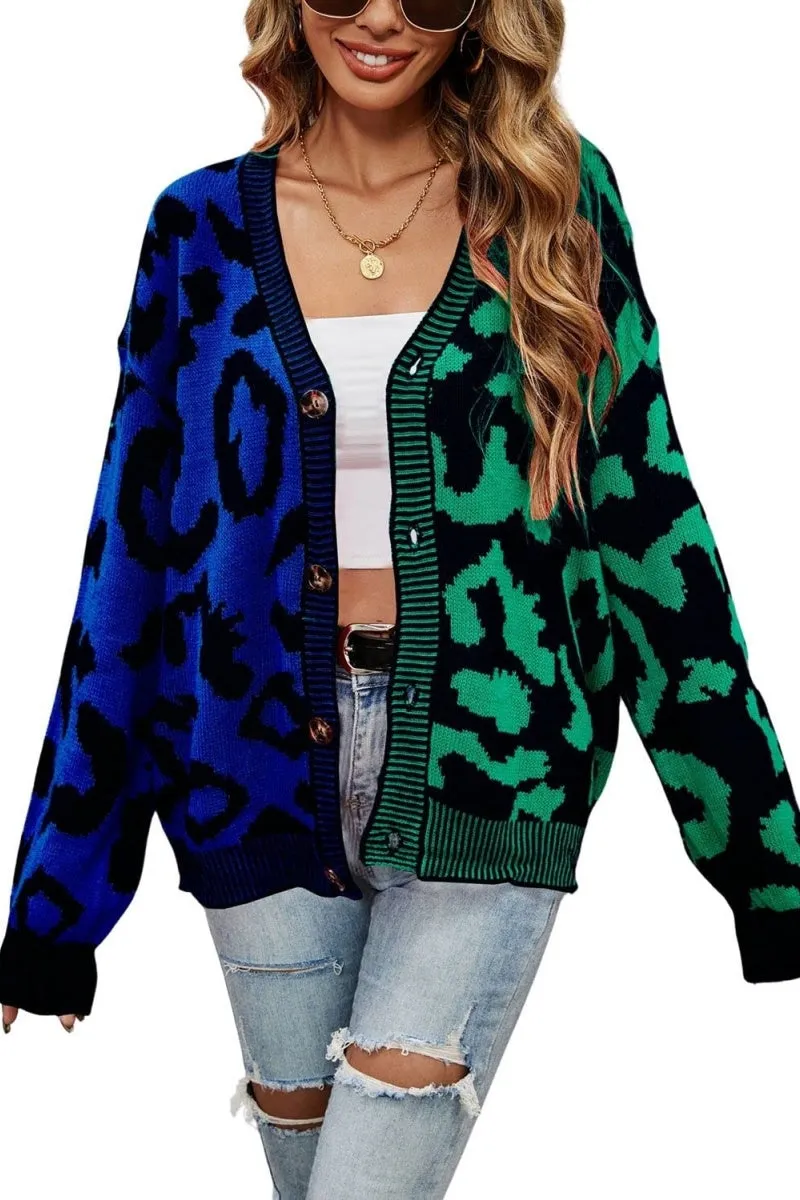 Chouyatou Women's Color Block Leopard Print Button Down Long Sleeve Cardigan Sweaters