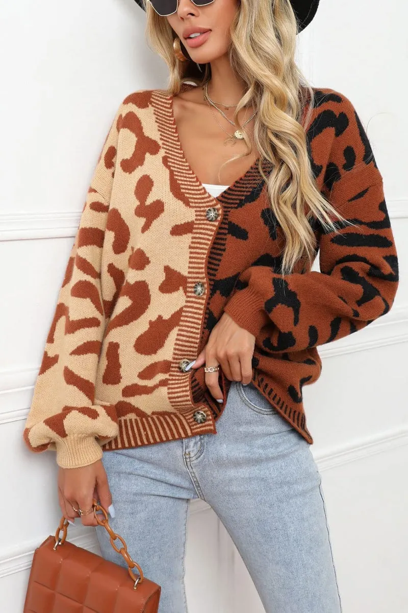Chouyatou Women's Color Block Leopard Print Button Down Long Sleeve Cardigan Sweaters