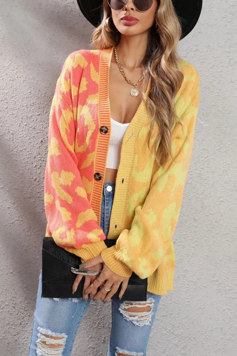 Chouyatou Women's Color Block Leopard Print Button Down Long Sleeve Cardigan Sweaters