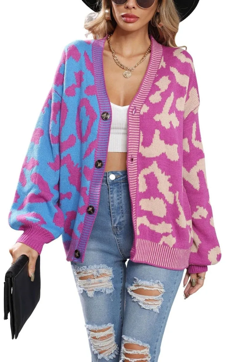 Chouyatou Women's Color Block Leopard Print Button Down Long Sleeve Cardigan Sweaters