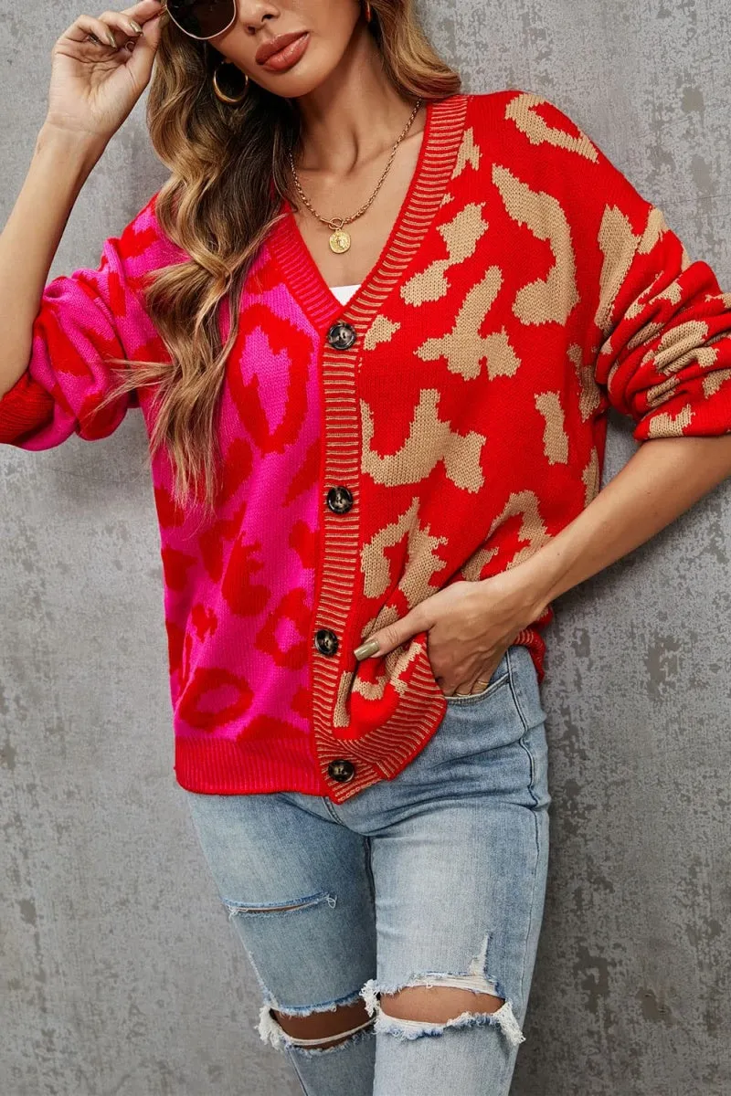 Chouyatou Women's Color Block Leopard Print Button Down Long Sleeve Cardigan Sweaters
