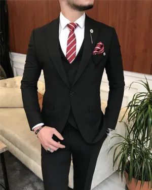 Classic Bespoke Black Three Pieces Peaked Slim Fit Business Men Suits